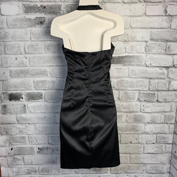 Vintage 90s Y2K B. Smart Black Satin Sparkle Ruched Halter Dress - Picture 6 of 14